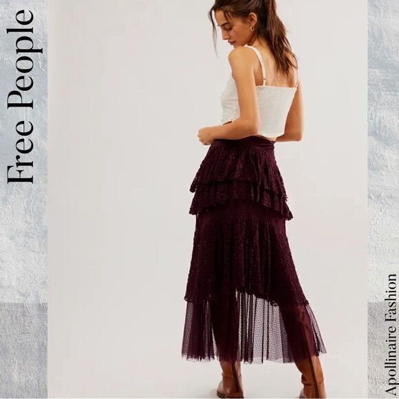 FREE PEOPLE LACE IN LOVE MAXI SKIRT IN VINTAGE WINE NWT SMALL, MEDIUM & LARGE - Picture 4 of 12